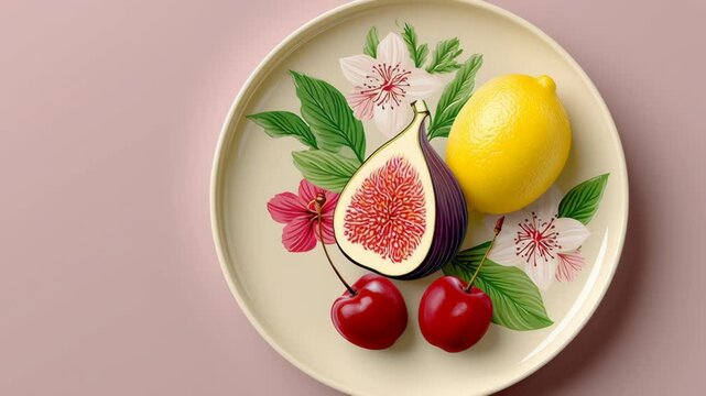 Colorful plate with fresh fruits including a fig, lemon, and cherries surrounded by floral decorations on a soft pink background, showcasing vibrant colors and intricate details