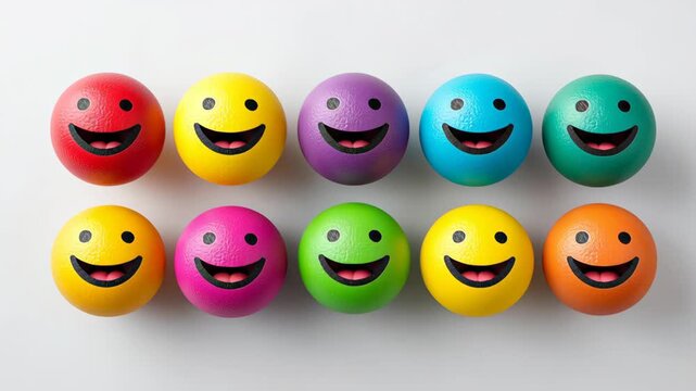 Colorful smiling balls in a row transition from simple expressions to open-mouthed smiles, showcasing vibrant colors and playful designs against a clean white background
