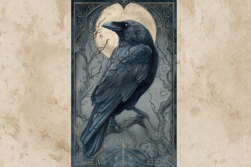 Naklejka premium Moody Horror Themed Bookmark Template: Raven, Moonlight, and Ornate Borders
