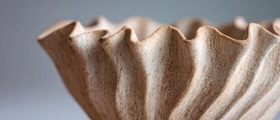 Fototapeta premium Curved ceramic bowl with wavy edges, featuring a textured surface with gradient brown tones. The design resembles natural forms, showcasing intricate detail and craftsmanship