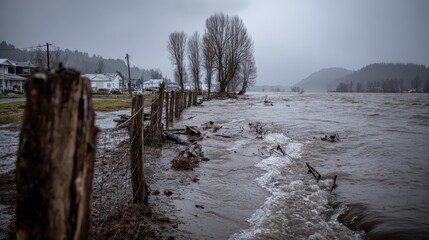 Mud-dark floodwater rushing through a flooded riverside landscape with dim light