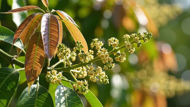 Close up of a mango tree branch with young leaves and developing flower buds in bright sunlight with a blurred green background and soft bokeh