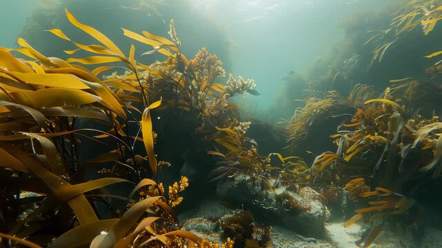 Underwater exploration of kelp forest with fish swimming in clear water