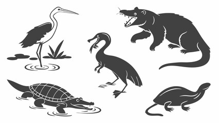 Wetland Wildlife Silhouette Set Heron Caiman Turtle Otter for Nature Education Design Projects