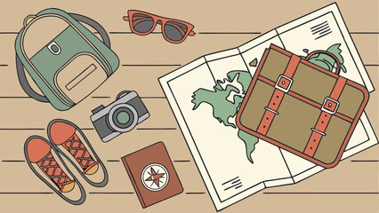 Travel Packing Flat Lay Vacation Planning Adventure Map Suitcase Backpack for Tourism Web Design Summer Holiday Promotion (156 characters)