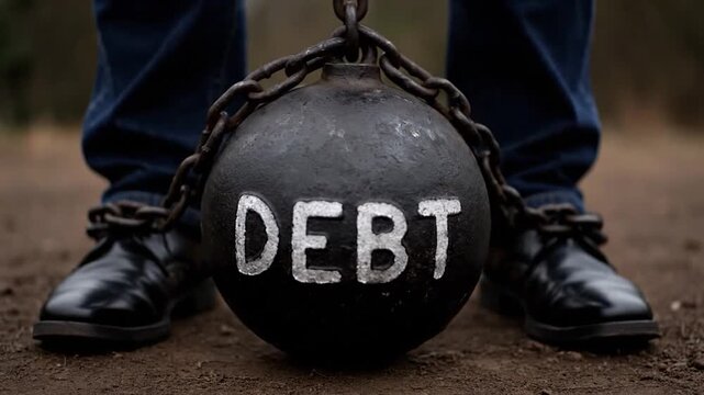 A person's feet are chained to a ball labeled "DEBT," symbolizing financial burden