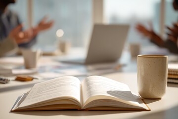 Fototapeta premium Open employee handbook on a modern office desk with collaborative hands