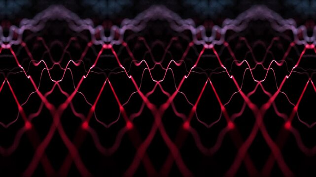 Abstract oscillating wave curves forming a rhythmic mirrored pattern, visualizing energy, vibration and dynamic motion in a dark digital space. Seamless looping animation.
