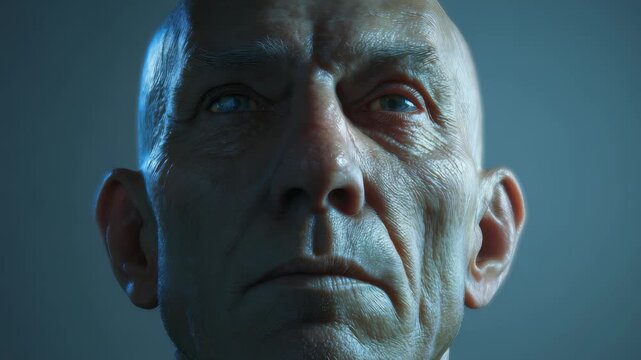 Highly detailed 3D render of an older bald man with expressive eyes and realistic skin, captured in cinematic lighting. The image highlights age, wisdom, and the depth of human emotion in digital art