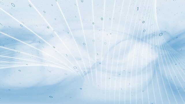 Abstract flowing light lines rotating with floating binary numbers, creating a sense of dynamic data movement, digital streams and futuristic information flow. Seamless looping.
