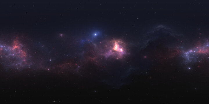 360 degree spherical panoramic space background in equirectangular projection, featuring a detailed starfield and vibrant nebula. No AI.