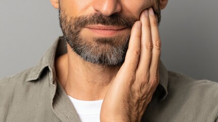 Obraz premium Person Holding Jaw With Concern About Gum Pain in Neutral Background at Indoor Location