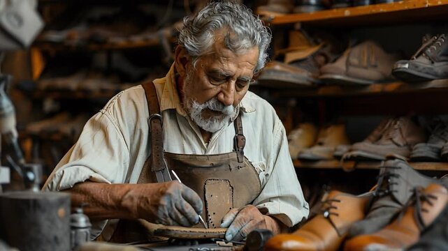 Skilled craftsman's hands expertly repair leather footwear precision tools cozy, organized workshop, reflecting artisanal practice traditional shoemaking, surrounded by assorted leather goods craft