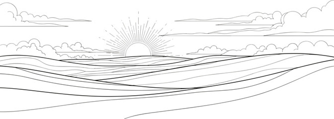 Minimalistic line drawing of a sunrise over rolling hills with copy space