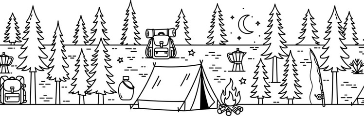 Camping scene with tents and trees in line art with copy space