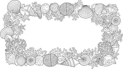Intricate line art of seashells and corals frame with copy space