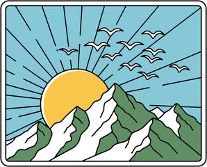 Retro style illustration of mountains and sun with rays and birds with copy space