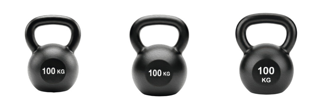 Set of Professional Grade 100 kg Black Matte Kettlebells Isolated on Transparent Background PNG