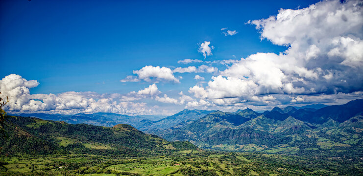 Beautiful valley del Cauca seen from the top of the natural reserve of "Las Nubes" in Antioquia, Colombia.
