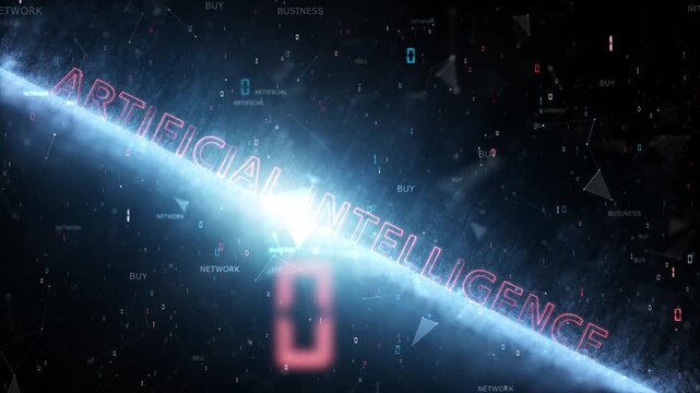 Abstract futuristic visualization of artificial intelligence over a digital horizon, with glowing AI text, data particles, binary code and global cyberspace network elements. Seamless looping.
