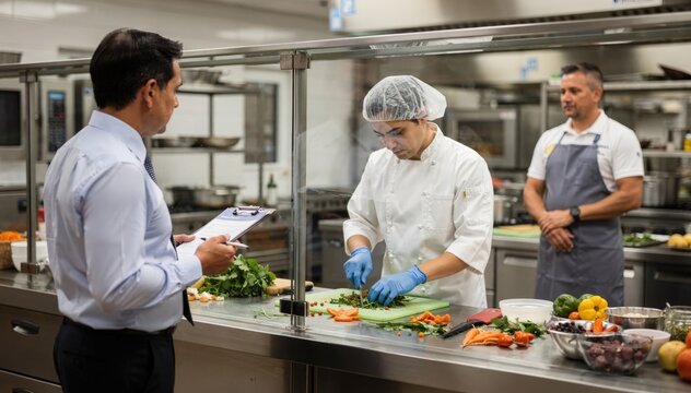 Medium shot of health inspector observing proper glove use by kitchen staff through glass partition emphasizing safety practices with manager standing nearby in background blur.