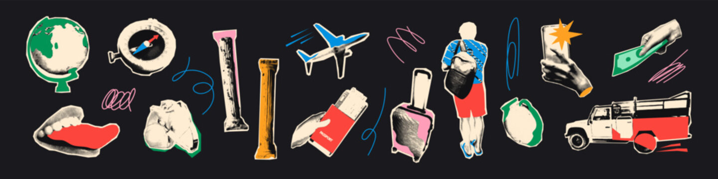 Travel and tourism halftone collage cut outs set Paper clipping shapes, Earth globe, anonymous tourist, plane, safari car, compass funky dot zine stickers with doodles Modern retro vector illustration