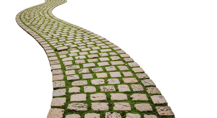 Curved cobblestone path with moss isolated PNG, winding stone walkway on transparent background for garden design and landscaping © Aliona