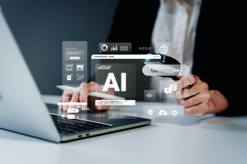 Business professional using artificial intelligence interface with generate button and ai icons on digital screen for automation data analysis and modern workflow technology