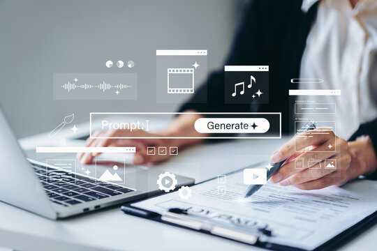 Business woman working with AI prompt generation interface on laptop and tablet, creating digital content with generative technology icons representing artificial intelligence, automation, workflow