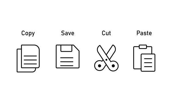 text editing vector set. The icons represent copying, saving, cutting, and pasting. For web and app