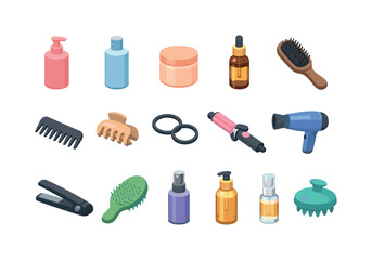Beauty confidence hair care products in simple isometric flat vector style: shampoo bottle, conditioner bottle, hair mask, hair oil, hairbrush, comb, hair clip