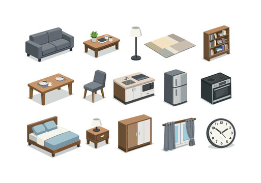 City home interior essentials modern isometric flat vector style: sofa, coffee table, floor lamp, area rug, bookshelf, dining table, dining chair, kitchen