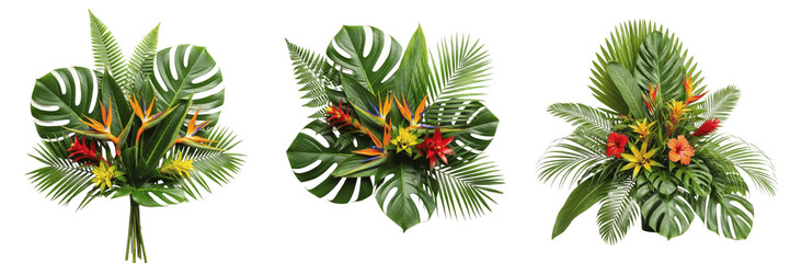 Set of Three Tropical Flower Bouquets with Monstera and Palm Leaves Isolated on White