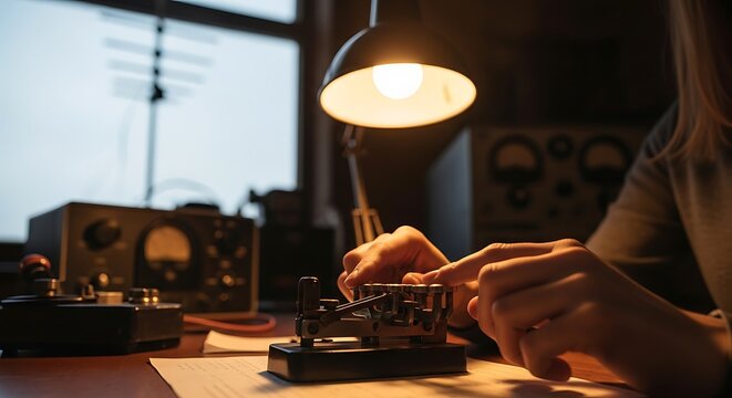 Close-up of human hands diligently operating a vintage Morse code telegraph key under the warm glow of a desk lamp in a dimly lit room.