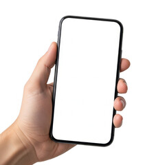 A hand holding a blank smartphone displaying an empty screen against a white background isolated on transparent background
