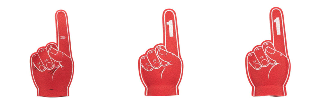 Set of Three Red Foam Fingers Number One Fan Hand Isolated on White