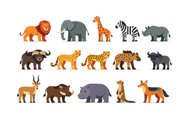 Naklejka premium Savanna mammals flat style: lion, elephant, giraffe, zebra, rhinoceros, buffalo, cheetah, leopard, hyena, wildebeest, antelope, warthog, hippopotamus, meerkat