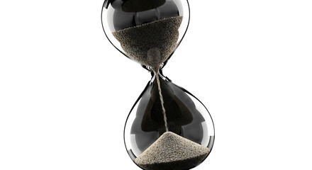 Hourglass with black sand isolated on transparent background showing time passing concept