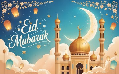 Beautiful Eid Mubarak greeting card with mosque, moon, and festive lanterns