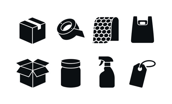 Packing Supplies in silhouette style: box, tape roll, bubble wrap, bag, carton, jar, bottle, label