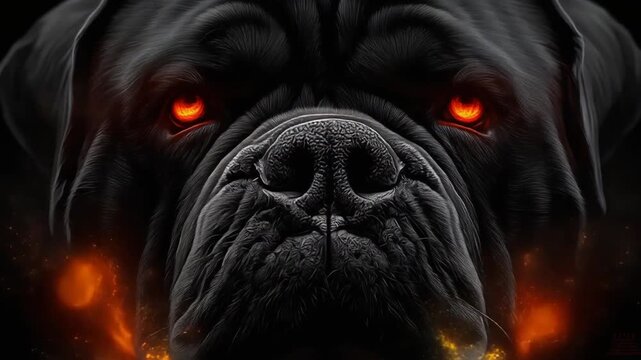 A detailed close-up of a dark dog's face, with fiery red eyes, and textural fur