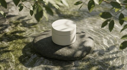 Minimalist cream jar on a stone in flowing water with dappled sunlight and leaves