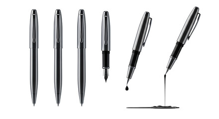 Collection of fountain pens with ink dripping, isolated on transparent background