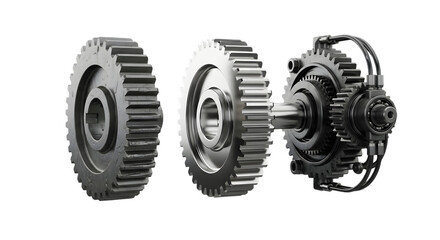 Three gears isolated on transparent background, showing different gear sizes