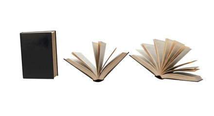 Progression of an open book isolated on transparent background, from closed to fully open