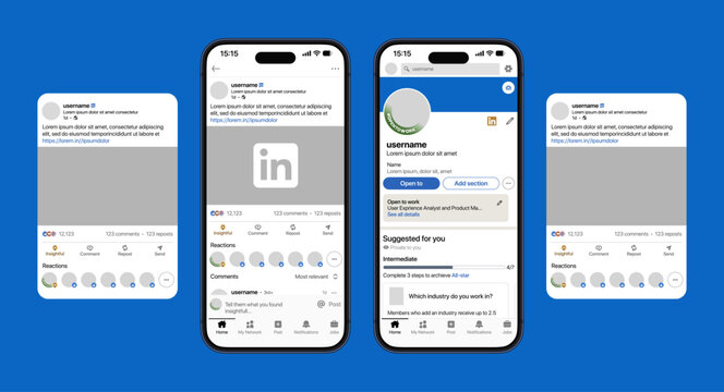 LinkedIn post and profile interface with like, comment, and carousel post elements, interactive feed, company pages, and editable professional networking layout for modern career engagement