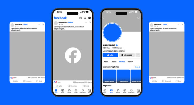 Facebook 2026 post, profile, and reels interface with carousel post elements, like comment share buttons, interactive feed, and editable social media layout for modern content creation