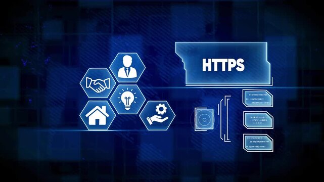 HTPS secure connection concept with icons and digital interface on blue background Keywords: HTPS, Secure, Connection, Internet, Web, Technology, Protocol, Digital, Interface, Icons, Network
