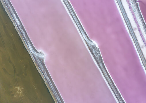 Aerial view of salt ponds displaying a gradient of pink hues, divided by thin white lines, contrasting with a patch of earthy green, Eilat, South District, Israel.