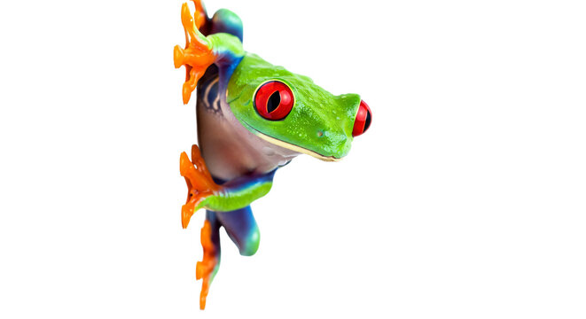 Curious Red-eyed Tree Frog peeking from edge, isolated PNG with alpha channel